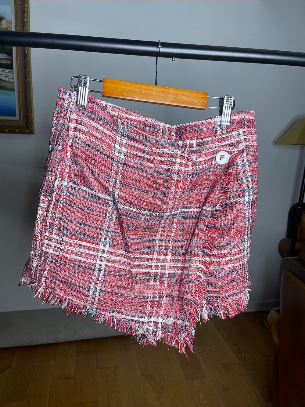 Plaid Tweed Fringe Mini Skirt in Red - fils